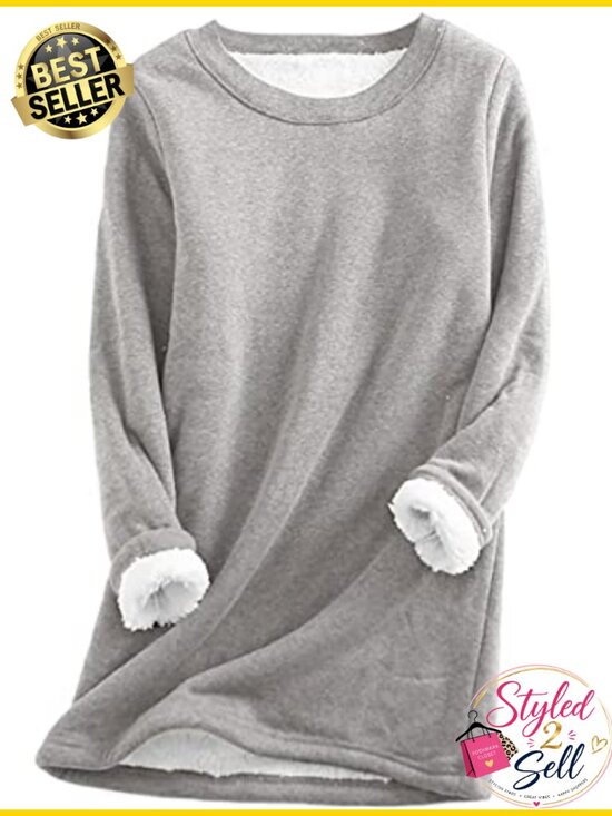 Sweaters - Sherpa Lined Fleece Crewneck Pullover Sweatshirt Loungewear